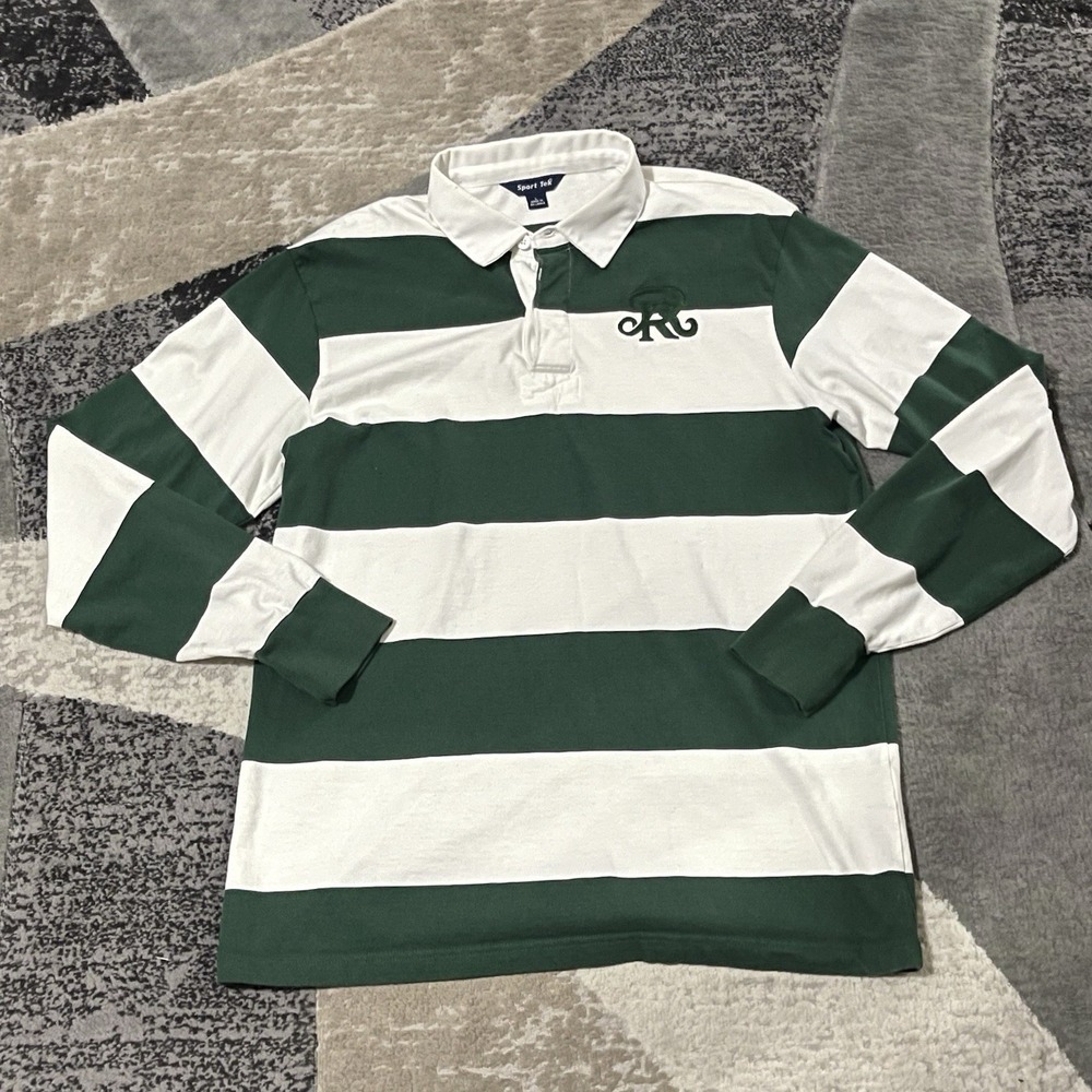 Sport Tek Rugby Shirt Men Large Green Striped Cotton Embroidered Preppy Polo
